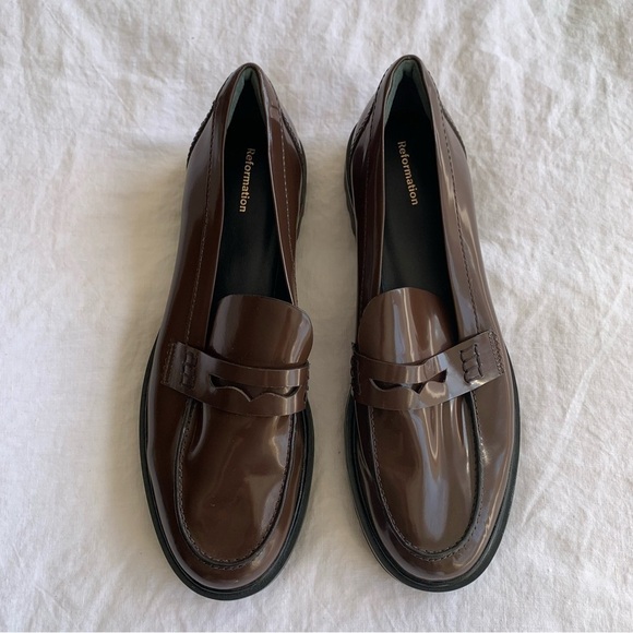 Reformation Shoes - Reformation Agathea Chunky Loafer Leather Patent Shiny Platform Shoes Espresso